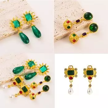 Модные серьги из сплава в стиле ретро, средневековые жемчужные серьги, золотые серьги со встроенными бриллиантами 7.5*3.5cm