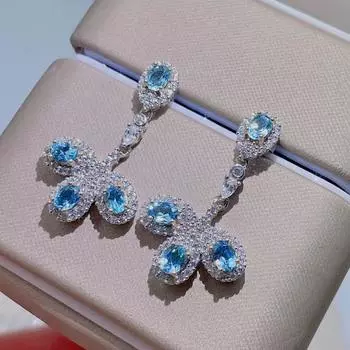 Модные серьги из стерлингового серебра с драгоценными камнями в форме листа, всего 0,96 карата, 3 мм * 4 мм, серьги-капли с натуральным топазом, ювелирные изделия с топазом из серебра 925 пробы синий