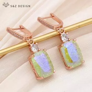 Модные серьги-капельки цвета розового золота с прямоугольными кристаллами и трещинами льда для женщин, свадебные украшения с кубическим цирконием