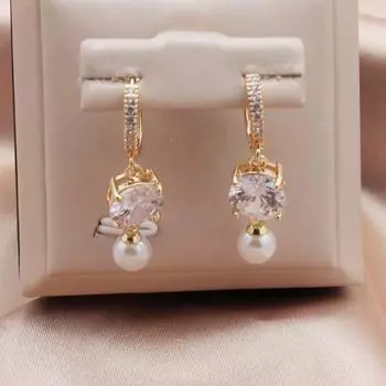 Модные серьги-капли с искусственным жемчугом и цирконием для женщин, модные серьги золотого цвета, ювелирные изделия, аксессуары для вечеринок белый