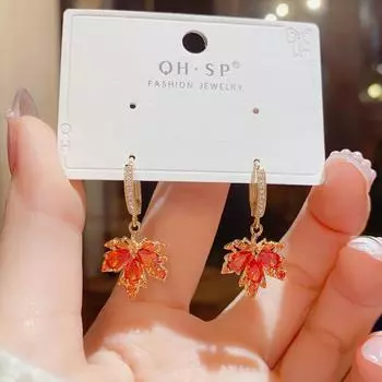 Модные серьги-капли с красным цирконием и кленовым листом для женщин, модные серьги золотого цвета, INS ювелирные изделия, аксессуары для вечеринок золотой