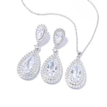 Модные серьги-капли с крупными бриллиантами, ожерелье для женщин, роскошные украшения из циркония, комплект из двух предметов Necklace белый