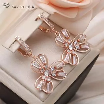 Модные серьги-капли с кубическим цирконием и тремя лепестками орхидеи для женщин, розовое золото, ювелирные изделия для свадебной вечеринки