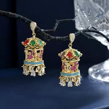 Модные серьги-карусель в этническом стиле в стиле ретро, слегка инкрустированные цветным цирконием, высококачественные тяжелые промышленные серьги золотой