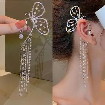 Модные серьги-клипсы с цирконием и бабочкой, бусины, манжеты, длинные серьги с кисточками для женщин, серьги-капли, свадебные украшения, подарки