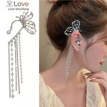 Модные серьги-клипсы с кристаллами и бабочками, жемчужные бусины, длинные кисточки, полые серьги-клипсы для женщин, подарок
