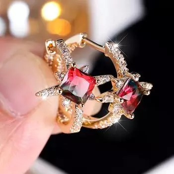 Модные серьги-кольца принцессы с гексаграммой зеленого и красного цвета с кристаллами для женщин, серьги-клипсы золотого цвета, изящные ювелирные изделия, подарок зелёный/красный