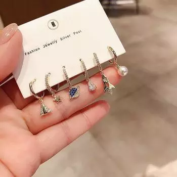 Модные серьги-кольца со звездами «Самолет Вселенной» из 6 предметов, серьги с микрокубическим цирконием для женщин, ювелирные изделия S-E1116