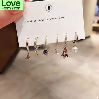 Модные серьги-кольца со звездами в виде самолетов и вселенной, комплект из 6 серег с микрокубическим цирконием для женщин, ювелирные изделия S-E1116