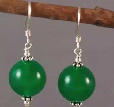 Модные серьги-крючки с зелеными круглыми бусинами 10 мм, стерлингового серебра 925 пробы