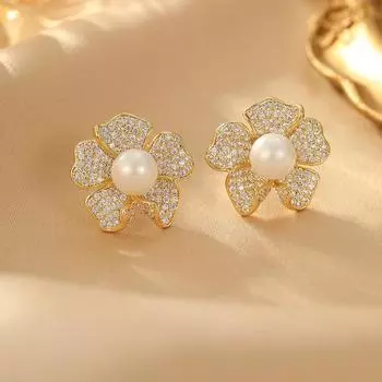 Модные серьги-лепестки, серьги-гвоздики с цветком циркония и пресноводным жемчугом, женственные, универсальные, высококлассные ювелирные изделия 14k
