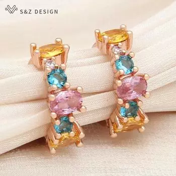 Модные серьги-подвески цвета розового золота с геометрическим рисунком и цветным фианитом для женщин, модные ювелирные изделия, повседневные аксессуары