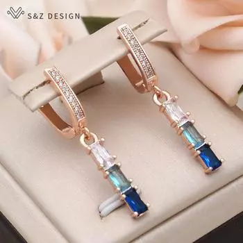 Модные серьги-подвески из розового золота с градацией цвета в форме прямоугольника и кубическим цирконием для женщин, простые ювелирные изделия в подарок