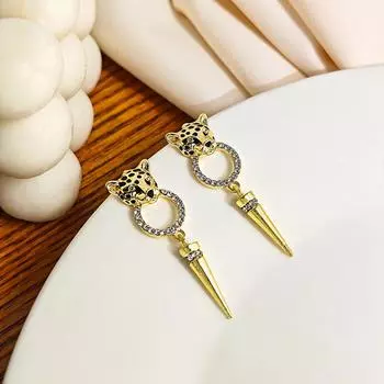 Модные серьги-подвески-конусы с леопардовым дизайном и блестящими камнями циркона золотой