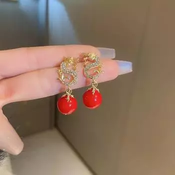 Модные серьги-подвески в виде дракона и животного в китайском стиле с имитацией жемчуга для женщин 01