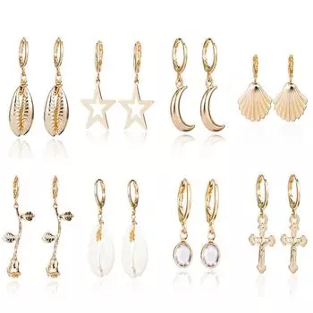 Модные серьги-подвески «Звезда и Луна» для женщин, мини-серьги в виде ракушек и роз