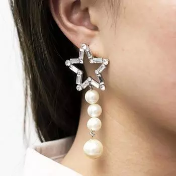 Модные серьги Полые пятиконечные звезды с жемчугом Асимметричные серьги-капли серебряный/белый