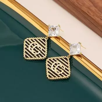 Модные серьги-ромбы от известных брендов, роскошные серьги с черным узором из циркония, женские серьги высокого класса. 14k