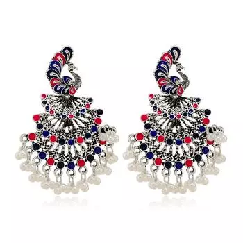 Модные серьги с бахромой из павлиньего жемчуга, женские, ретро-богемные экзотические серьги-гвоздики