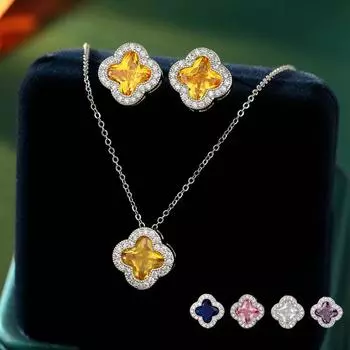 Модные серьги с четырьмя лепестками клевера, легкие роскошные темпераментные цветочные серьги, цепочка на ключицу с счастливой травой, женские серьги, комплект ювелирных изделий жёлтый