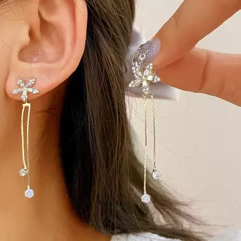 Модные серьги с длинными кисточками из кристаллов циркония и снежинок, простые серьги без проколотых ушей, аксессуары для вечеринок, подарки как
