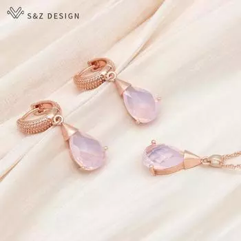 Модные серьги с каплями воды и кубическим цирконием, висячие серьги, комплекты ювелирных изделий для женщин, свадебное ожерелье с подвеской цвета розового золота