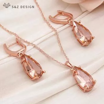 Модные серьги с каплями воды и кубическим цирконием, висячие серьги, комплекты ювелирных изделий для женщин, свадебное ожерелье цвета розового золота