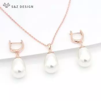 Модные серьги с каплями воды из искусственного жемчуга, комплекты ювелирных изделий для женщин, свадебная вечеринка, ожерелье с подвеской цвета розового золота