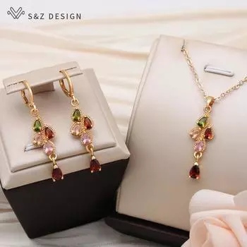 Модные серьги с каплями воды, разноцветные висячие серьги с кубическим цирконием, комплекты ювелирных изделий для женщин, ожерелье с подвеской золотого цвета