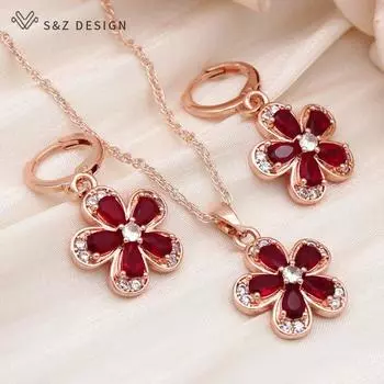 Модные серьги с кубическим цирконием и красными цветами, комплекты ювелирных украшений для женщин, ожерелье с подвеской цвета розового золота