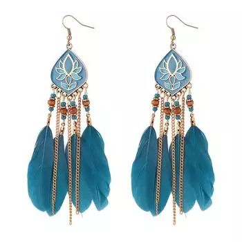 Модные серьги с перьями в этническом стиле с бахромой, длинные серьги с бахромой в стиле ретро синий