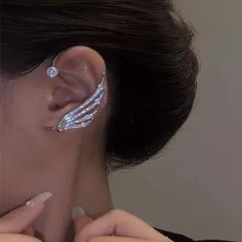 Модные серьги с полными бриллиантовыми крыльями, висячие серьги с ушными костями, нишевые зажимы для ушей с перьями, серьги без пирсинга left