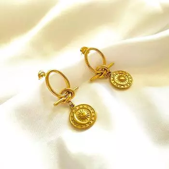 Модные серьги-сращивания из оригинального титанового сплава с покрытием из 18-каратного золота в форме солнца с круглыми узлами для женщин