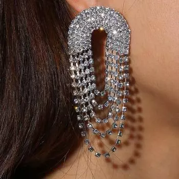 Модные серьги U-типа со стразами и кисточками для женщин, преувеличенные блестящие длинные многослойные серьги, ювелирные аксессуары Silver