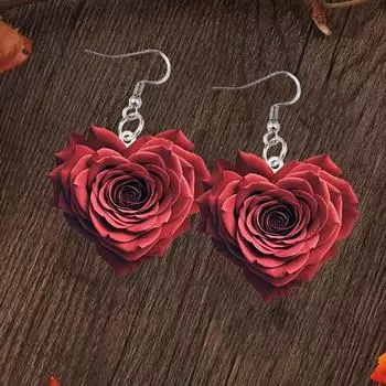 Модные серьги в форме сердца с красной розой красный
