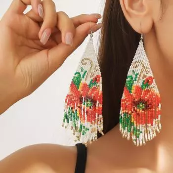Модные серьги в стиле бохо в этническом стиле с рисовыми бусинами, винтажные серьги ручной работы с длинными вязанными кисточками, женские серьги, 1 пара