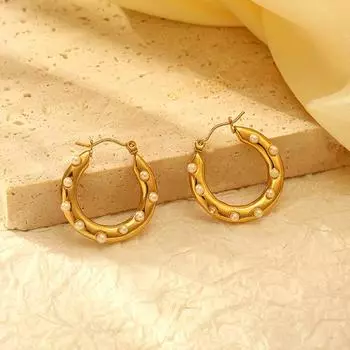 Модные серьги в стиле ретро с круглыми инкрустированными жемчужинами из нержавеющей стали, женские трендовые серьги из 18-каратного золота с легким роскошным покрытием 18K