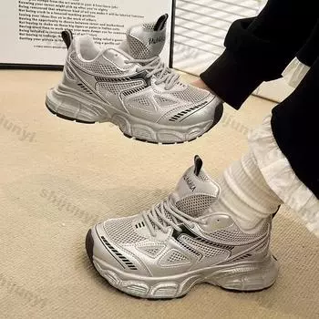 Модные серебристые массивные кроссовки для женщин, осенние спортивные туфли на платформе со шнуровкой, женские повседневные кроссовки с толстой подошвой и нескользящей подошвой 36 бежевый