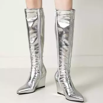 Модные серебристые сапоги на танкетке до колена для женщин, новинка 2024 года, длинные сапоги на молнии золотого цвета, туфли на танкетке и каблуках для вечеринок, женская обувь большого размера 48 34 золотой