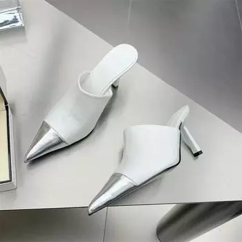 Модные серебристые женские тапочки на тонком низком каблуке с острым носком, летние туфли-лодочки, туфли-слайды 35 белый