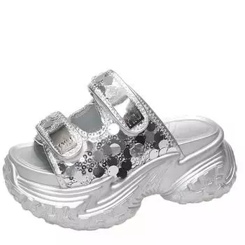 Модные серебряные блестящие мягкие тапочки 8 см повседневные спортивные тапочки для папы женские летние новые толстые тапочки на платформе летние сандалии 34