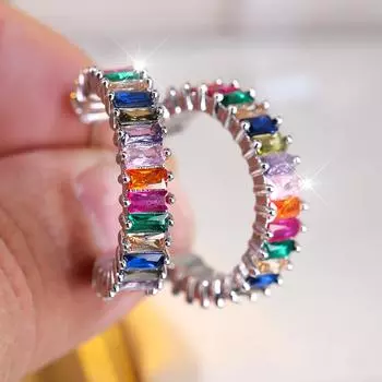 Модные серебряные цветные геометрические круглые серьги C-образной формы для женщин, серьги-кольца с радужным цирконием, ювелирные изделия в стиле бохо для свадебной вечеринки разноцветный