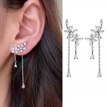 Модные серебряные длинные серьги со сверкающим цирконом и цветком, нежные серьги с кисточками на цепочке, вечерние украшения