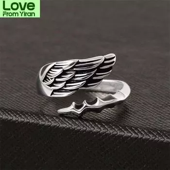 Модные серебряные кольца с перьями, мужские украшения, корейский стиль, открытое кольцо с крыльями ангела, винтажный подарок для парня, классные вещи, дропшиппинг Resizable серебряный