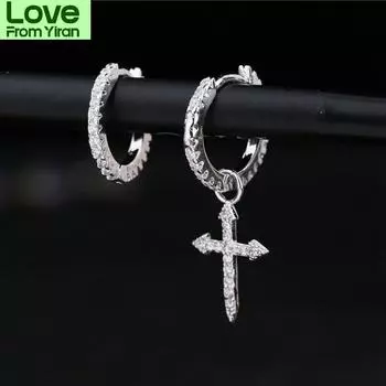 Модные серебряные серьги-подвески в виде креста асимметричные серьги для женщин сверкающие кубические циркониевые серьги-кольца оптом S-E1093