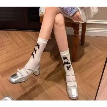 Модные серебряные туфли Мэри Джейн, женские летние новые элегантные туфли с бантом и пряжкой, женские кожаные туфли с квадратной головкой, банкетное платье, высокие каблуки 37 чёрный