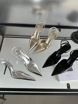 модные серебряные золотые черные женские босоножки с острым носком летние туфли на тонком высоком каблуке туфли-лодочки для вечеринок с ремешком на щиколотке размер 35-39 5.5 чёрный