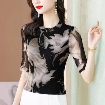 Модные сетчатые футболки с принтом и короткими рукавами, женская рубашка с круглым вырезом, эластичный тонкий топ из ледяного шелка с половиной рукавов, M-4XL M чёрный