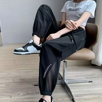 Модные сетчатые шаровары со шнурком, летние женские спортивные брюки M чёрный