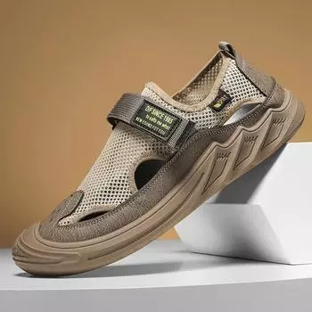 Модные сетчатые туфли для мужчин, новые летние новые дышащие сандалии Baotou для спорта на открытом воздухе и отдыха на мягкой подошве с противоскользящей подошвой 38 хаки